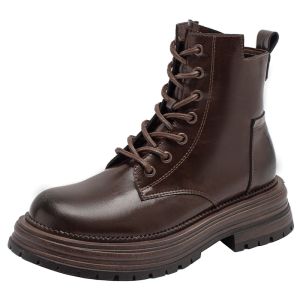 Agsdon l Brown Leather Boots Womens New Thick Sole Mid-Calf Short Boots