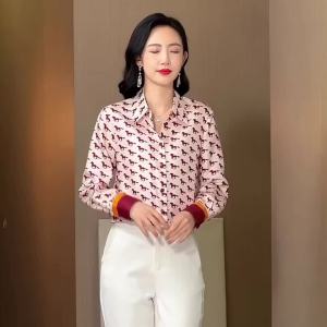 AMMIN 2024 Autumn new simple lapel fashion Red animal print long-sleeved single-breasted commuter chiffon Shirt Womans Korean version plus size elegant blouse