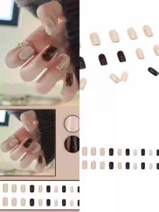 24pcs/set short fake nails for women nude coffee with parkling glitters design Square nail tips full cover press on false nail