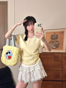 Color Block Short Sleeve Womens T-Shirt Fake Two-Piece Sweet Girl Waist-Cinching Button Shoulder Ins Style Commute Korean Version