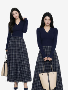 qiaocong | Trendy V-Neck Long Sleeve Top Plaid Skirt Set