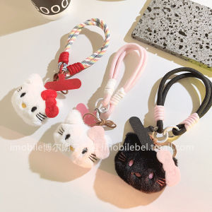 Cute Cartoon Cotton Plush Black Kitty Cat Phone Case Decorations Durable Butterfly Knot Keychain Short Wristband Mobile Accessory