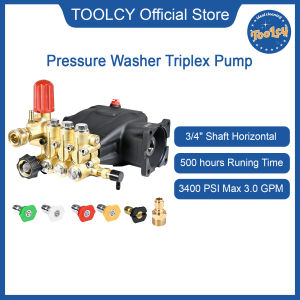TOOLCY Pressure Washer Pump 3400 PSI Max 3.0 GPM 3/4 inch Shaft Horizontal Triplex Plunger Pump Replacement Direct Drive with Unloader 5 Nozzle Tips 3/8" QC to M22-14mm Adapter
