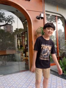 Bộ cộc tay bé trai Bigfox Miss Meow size đại mùa hè kiểu Hàn Quốc vải cotton in Tokyo size trẻ em 12-15 tuổi 40kg 50kg