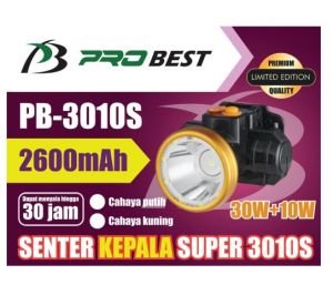 Senter Kepala LED  Probest 30w+10w Cahaya Putih Dengan Isi Ulang Cas Super terang