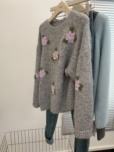 Spring Autumn round Neck Overhead 3D Flower Embroidery Knitted Sweater Womens Design Loose Slimming Top Comfortable Soft Knitwear