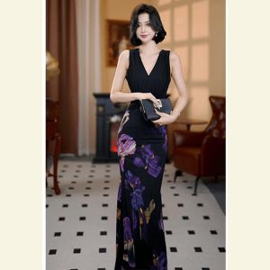 Elegant Autumn Winter Print Dress Luxury High Waist A-Line Skirt V-Neck Sleeveless Womens Fashion City Commute Special Occasion