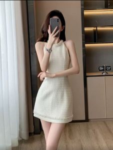 French-style high-end sleeveless dress for women summer style textured hand-beaded halter neck short skirt