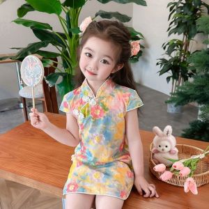 Little DR Cheongsam Kids Girls Dress Summer Floral Printed hanfu Chinese New Years Costume Children Teenage qipao Party Clothes Skirts Princess Short Sleeve Dress