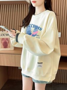 Spring Autumn Pure Cotton Casual Splice Sweatshirt Women Loose Versatile Slimming Fashion round Neck Jacket Trendy