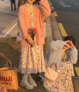 ALITTLE Messy Soft Faux Fur Cardigan + Floral Strap Dress Sweet Princess Style Long Sleeve V-Neck Lantern Sleeve Three-Piece Set