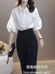 Elegant Fashionable High-End Set Early Autumn New Style Pressed Pleat Turn-down Collar Versatile Shoulder Wide Leg Pants