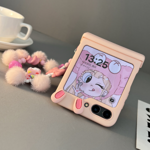 Cute Ins Style Girls Phone Case with Handle Full Cover Anti-Fall Protection for ZFlip5 New Foldable Screen W24Flip Hinge Rabbit Ear Ball
