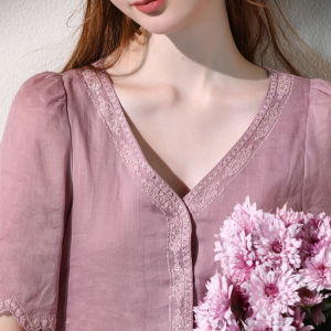 Miccbeirn | Elegant Pure Linen Embroidered Fairy Skirt Dress V-Neck Midi A-Line Gown Shiny Sequins Gentle Lady Style Short Sleeve Summer Dress