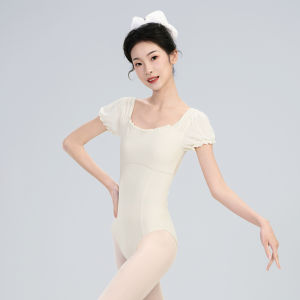 Sweet Girls Square Collar Ruffled Dance Leotard Women Nylon U-back Mesh Splice Yoga Gymnastics Puff Sleeve Bodysuit Swim Jumsuit
