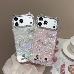 EOENKK | Luxury Diamond Love Heart Shell Texture Phone Case For iPhone 11 12 13 14 15 16 17 Pro Max Plus Shockproof Women INS Phone Cover