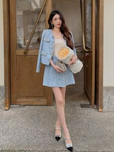 เสื้อโค้ทแขนยาวผ้าทวีดปักเลื่อมสไตล์ชาแนลดูแพงยี่ห้อ Fujia Jin กระโปรงครึ่งท่อนเอวสูงแมทช์กับชุดกระโปรงทั้งชุด