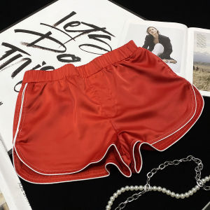 Red Acetate Satin Shorts Womens Fashion Street Style Low Waist Wide Leg Pants Bright Surface White Edge Hot Pants