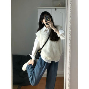 YUEZHONGWEI | College Style V-Neck White Knit Vest Spring/Early Autumn