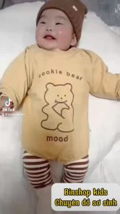 Body chip dài tay Hình Gấu đáng yêu cho bé Quần áo sơ sinh kèm quần tất chất cotton mềm mịn Bodysuit cho bé từ 0-12M