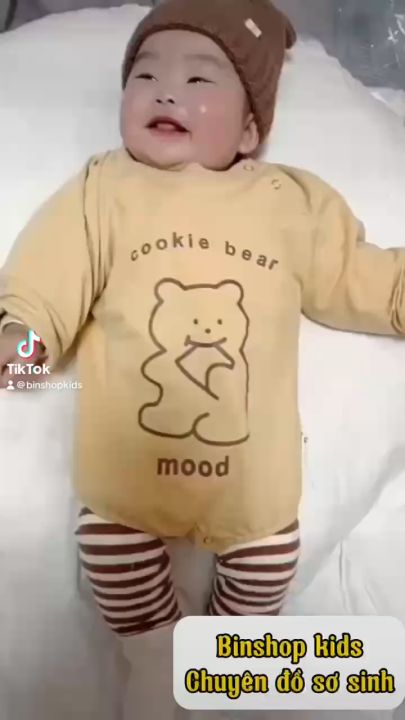 Body chip dài tay Hình Gấu đáng yêu cho bé, Quần áo sơ sinh kèm quần tất chất cotton mềm mịn, Bodysuit cho bé từ 0-12M