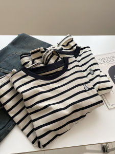 Embroidered Penguin Thin Fleece Stripe Base Shirt Womens Loose Casual round Neck Long Sleeve T-Shirt Korean Style Autumn Winter Versatile