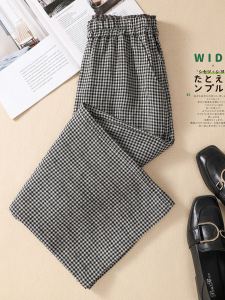 Quần Ống Rộng Vải Lanh Cotton Mùa Hè Cho Nữ Cỡ Nhỏ Quần Dài Ống Đứng Kẻ Caro Đen Trắng Quần Dài Thường Ngày Cỡ Lớn
