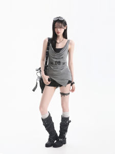 Design Flared Neckline Printed Irregular Tank Top