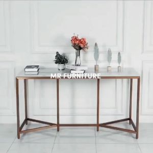 Meja Konsul Top Marmer Putih Carrara Kaki Stainless Gold Doff
