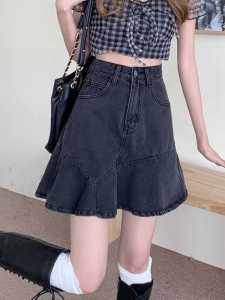 สูง เอว ทรงเอ เดนิม มินิ กระโปรง สําหรับผู้หญิง ฤดูร้อน พรางหุ่น สะโพก ปกปิดหน้าท้องสั้น กระโปรง S หางปลาขนาดใหญ่