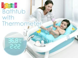 Foldable Baby Kids Bathtub with Thermometer Bath Pillow Infant Safety Extra Large Bath Tub