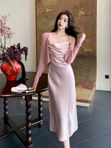 French Acetate Satin Sling Dress Cardigan Two-Piece Set Womens Summer Cape Top Suit Slim Fit Slit Dress