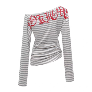 Áo Thun Nữ Tay Dài Dáng Rộng in Chữ Kẻ Sọc Màu Đen Mùa Thu Phong Cách Mới Thời Trang Thường Ngày Không Có Mũ