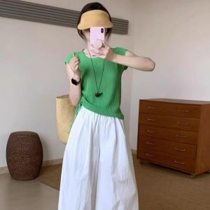 VKSOD | Summer Green Dopaamine Drawstring Shoulder High Waist Wide Leg Pants Womens Short Sleeve Knitted Top Bottoms Two-Piece Set