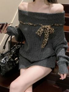 Korean Style Long Sleeve Knitted Sweater Womens Loose Fit Belted Shoulder Bared One-Shoulder Leopard Print Top for Autumn Winter
