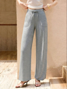 High Waist Loose Leg Grey Slim Long Pants