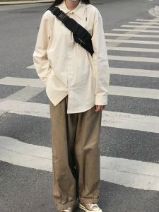 Khaki Color Loose Straight Leg Thin Womens Pants Spring Autumn Casual Vintage Hong Kong Style Trousers High Waist Long Pants