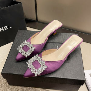 Fashionable Half Slip Sandals Womens Summer 2026 New Outerwear Diamond Buckle Pointed Toe Thin Heel Lazy Mule Slippers