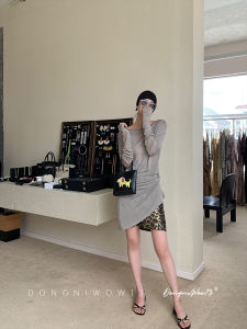 เสื้อยืดคอกลมแขนยาวทรงเข้ารูป DONGNIWOW13 สำหรับผู้หญิง ทรงหลวมสบายๆ ทรงเข้ารูป เอวสูง กระดุมเดียว