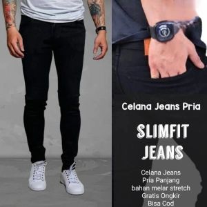 Celana Panjang Pria Denim Slim fit Bahan Ngaret Distro Warna Hitam Navy Biru Muda