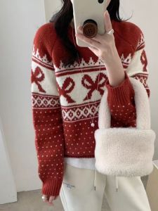 Chic Korean Style Knitted Sweater Womens Loose Slimming Red Color Block Spring Autumn New Arrival Fashionable Small Top