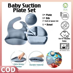 [PLE] BPA Free Plate for baby kids Toddler  Baby Silicone Suction Divider Plate Premium 100% Food Grade Silicone BPA Free Baby to Toddler Fork Set