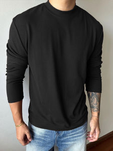 เสื้อสเวตเตอร์คอปกสูงสีดำ เสื้อยืดแขนยาวสำหรับผู้ชาย ทรงสลิมฟิต ออกกำลังกาย ฤดูใบไม้ร่วง วัสดุอื่นๆ คอกลม