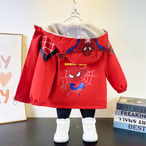 Cartoon Jacket Windbreaker Fleece Lined Spiderman And Ultraman Kids Coat Boys Spring Autumn Cotton Polyester Zipper Hooded