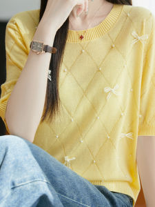 เสื้อสเวตเตอร์ถักคอตตอนผสมผู้หญิงแขนสั้นสไตล์ยุโรป ทรงหลวม ปกกลม ผูกโบว์ ผ้าขนสัตว์เนื้อบาง ฤดูใบไม้ผลิและฤดูร้อน