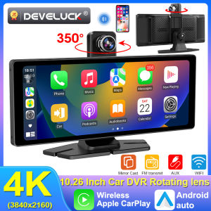 10.26" 4K Dash Cam Car DVR 350° Rotating Lens WIFI Carplay & Android Auto Dual Lens Rearview Camera AUX GPS BT FM Mirror Monitor