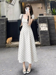 SENWA | French Style Polka Dot Square Neck Waist-Cinching Dress