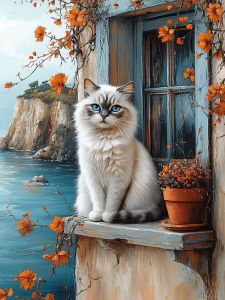 Huacan 5D DIY Diamond Painting Cat Seaside Diamond Mosaic Animal Landscape Kit Decorative Paintings