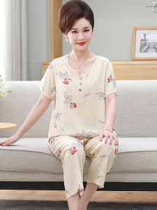 ชุดนอนผู้หญิงผ้าฝ้ายไหม ชุดนอนฤดูร้อน แขนสั้น กางเกงขายาว ผ้าฝ้ายผสม ขนาดใหญ่ ชุดอยู่บ้าน ชุดนอนผู้หญิง