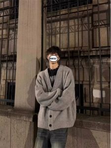 Knitting Cardigan Outwear Mens Autumn and Winter Idle Style V-neck Sweater Oversize Fancy Wear Loose Tops